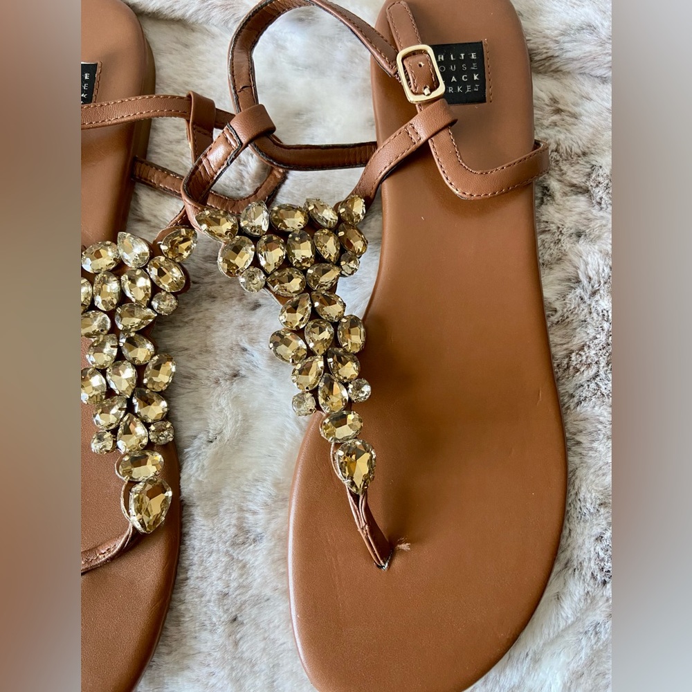White House Black Market Jeweled tan sandals, soft yellow and white jewel,size10 - Picture 2 of 5